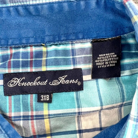 Knockout Jeans Button Up Shirt Mens 3XB Blue Plaid Pearl Snap Pockets & Sleeves - Picture 3 of 8